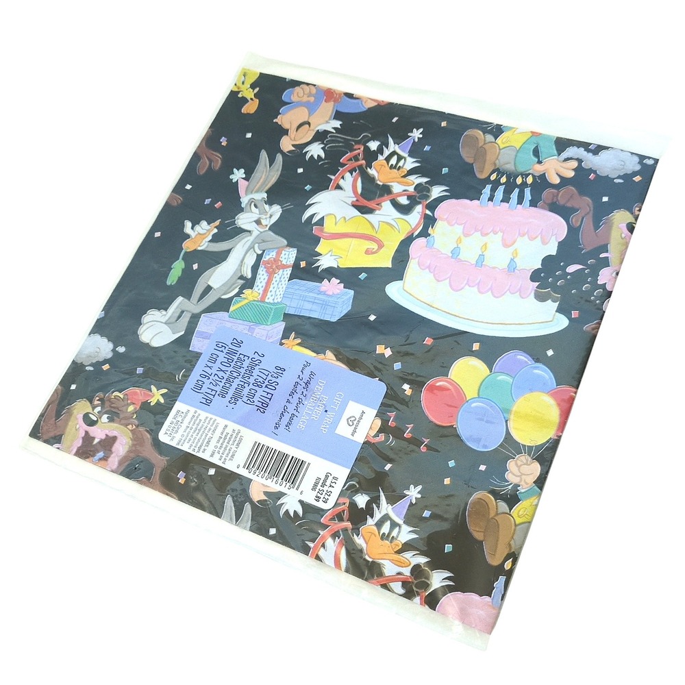 VTG 1996 Looney Tunes Birthday Gift Wrap Paper 2 pc Bugs Bunny Taz 90s Deadstock